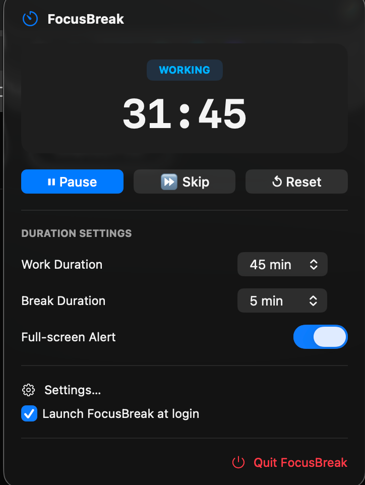 FocusBreak Control Panel & Timer